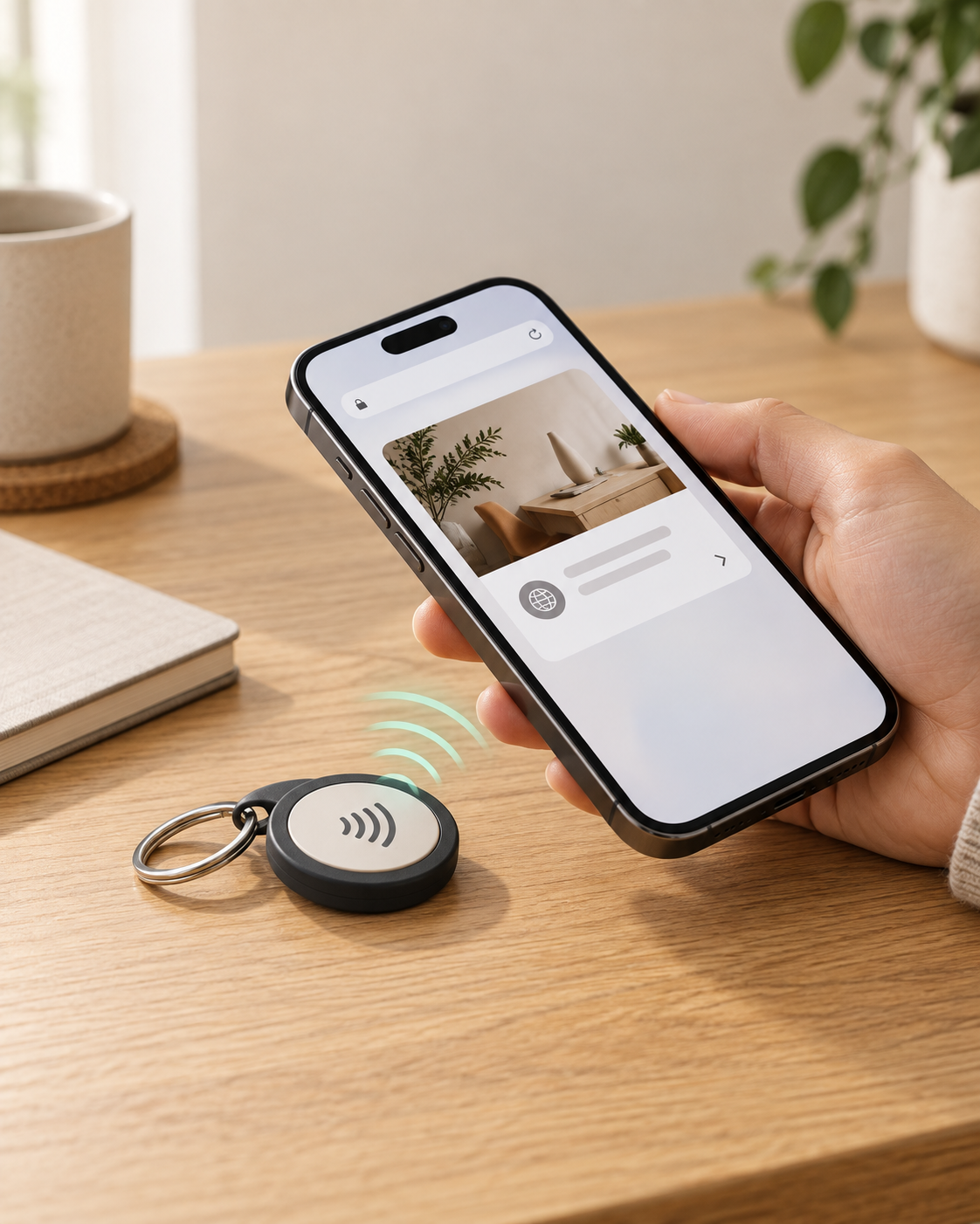 Puhelin lukee pöydällä olevan NFC-avaimenperän ja avaa siihen tallennetun linkin